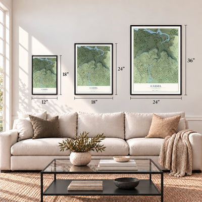 Cassel, California map in 12 x 18, 18 x 24 and 24 x 36 inch sizes above a sofa