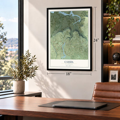 Cassel, California map, 18 x 24 inch print in a black frame in a home office