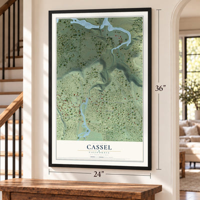Cassel, California map, 24 x 36 inch print in a black frame by a staircase