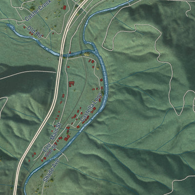 Close-up of the map of Castella, California print showing street and building detail
