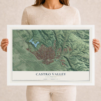 Map of Castro Valley, California, 12 x 18 inch print in a white wood frame