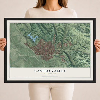 Map of Castro Valley, California, 18 x 24 inch print in a black wood frame