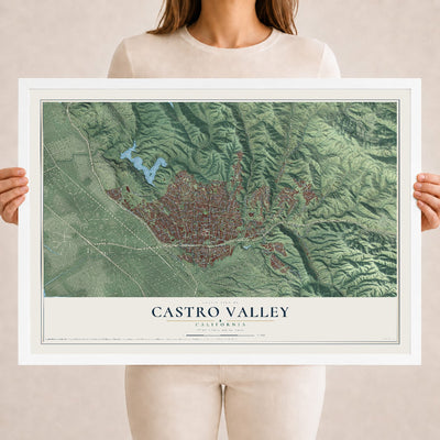 Map of Castro Valley, California, 18 x 24 inch print in a white wood frame