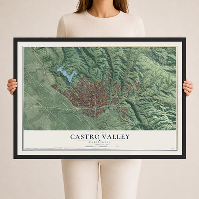 Map of Castro Valley, California, 24 x 36 inch print in a black wood frame