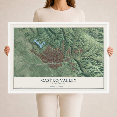 Map of Castro Valley, California, 24 x 36 inch print in a white wood frame