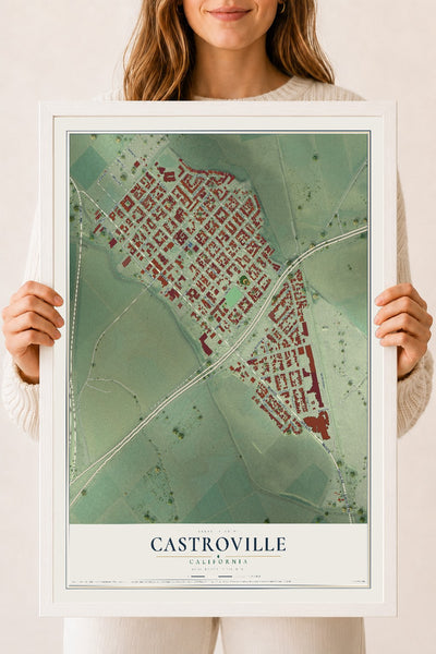 Map of Castroville, California, 18 x 24 inch print in a white wood frame