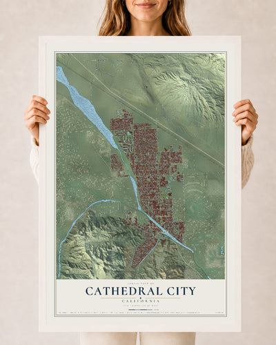 Map of Cathedral City, California, 24 x 36 inch print in a white wood frame
