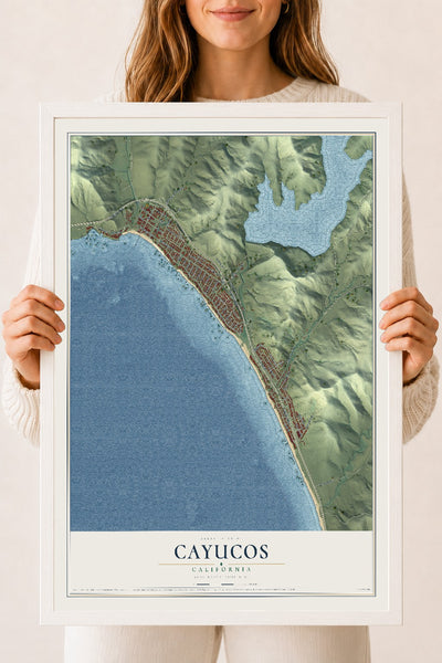 Map of Cayucos, California, 18 x 24 inch print in a white wood frame