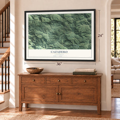 Cazadero, California map, 24 x 36 inch print in a black frame above a dresser by a staircase