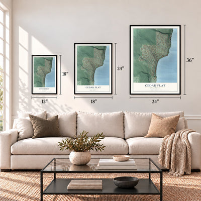 Cedar Flat, California map in 12 x 18, 18 x 24 and 24 x 36 inch sizes above a sofa