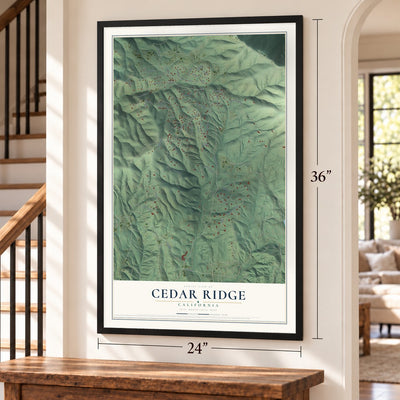 Cedar Ridge, California map, 24 x 36 inch print in a black frame by a staircase