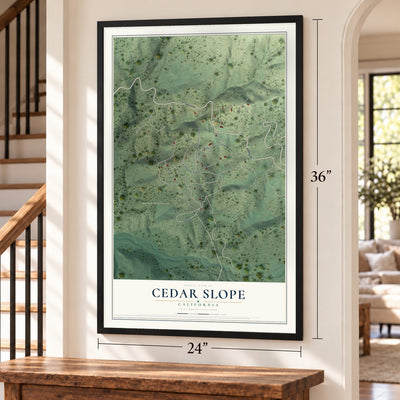 Cedar Slope, California map, 24 x 36 inch print in a black frame by a staircase