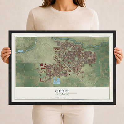 Map of Ceres, California, 12 x 18 inch print in a black wood frame