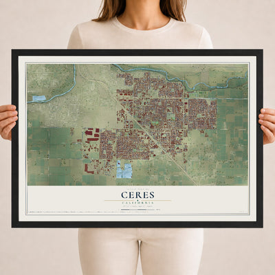 Map of Ceres, California, 18 x 24 inch print in a black wood frame