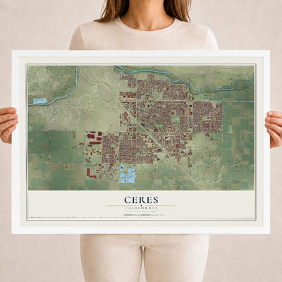 Map of Ceres, California, 18 x 24 inch print in a white wood frame
