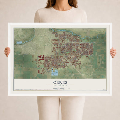 Map of Ceres, California, 24 x 36 inch print in a white wood frame
