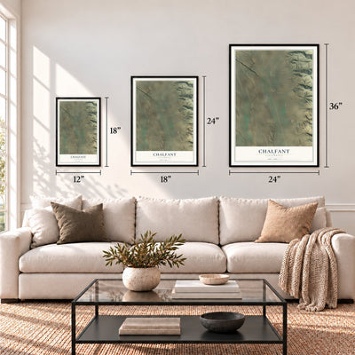 Chalfant, California map in 12 x 18, 18 x 24 and 24 x 36 inch sizes above a sofa