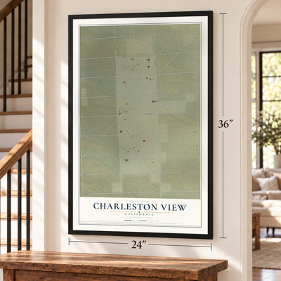 Charleston View, California map, 24 x 36 inch print in a black frame by a staircase