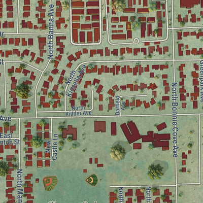 Close-up of the map of Charter Oak, California print showing street and building detail