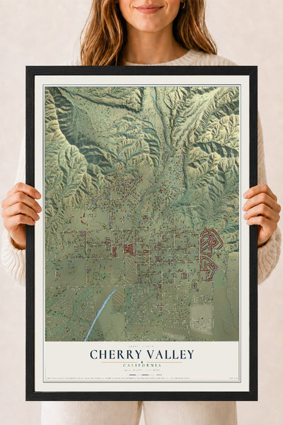 Map of Cherry Valley, California, 18 x 24 inch print in a black wood frame