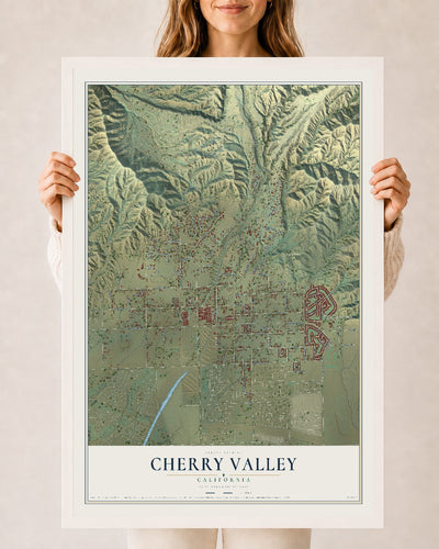Map of Cherry Valley, California, 24 x 36 inch print in a white wood frame