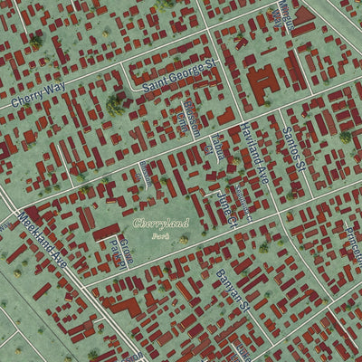 Close-up of the map of Cherryland, California print showing street and building detail