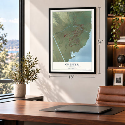 Chester, California map, 18 x 24 inch print in a black frame in a home office