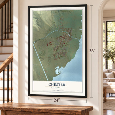 Chester, California map, 24 x 36 inch print in a black frame by a staircase