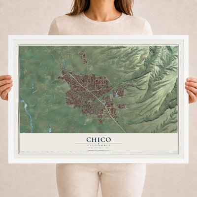 Map of Chico, California, 18 x 24 inch print in a white wood frame