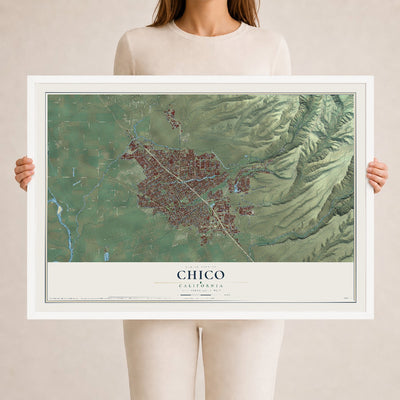 Map of Chico, California, 24 x 36 inch print in a white wood frame