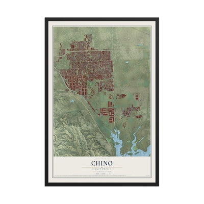 Map of Chino, California, 12 x 18 inch print in a black wood frame