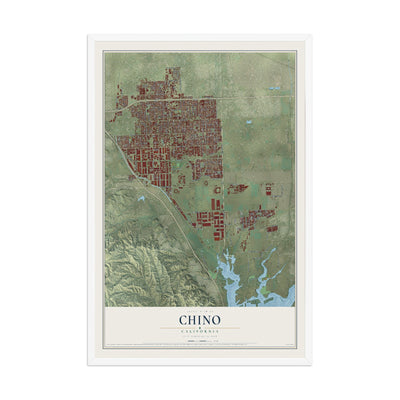 Map of Chino, California, 12 x 18 inch print in a white wood frame