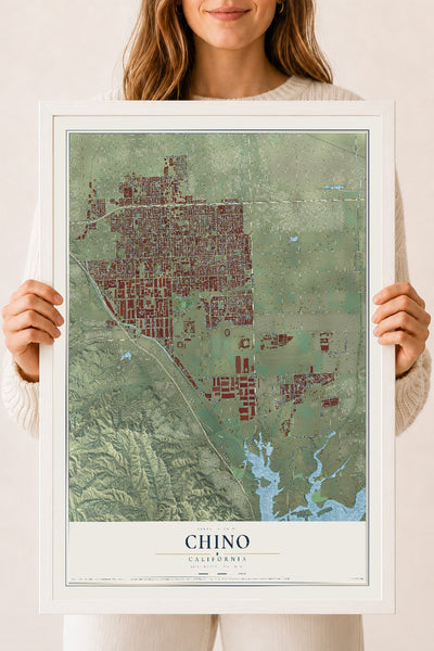 Map of Chino, California, 18 x 24 inch print in a white wood frame