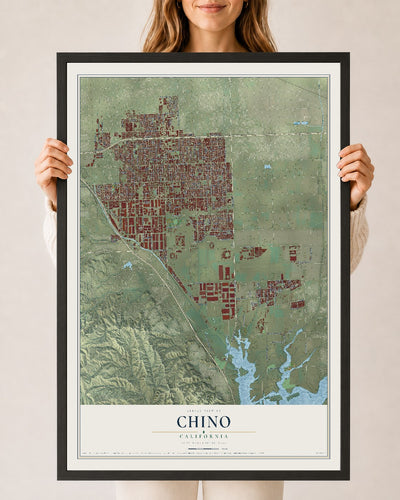 Map of Chino, California, 24 x 36 inch print in a black wood frame