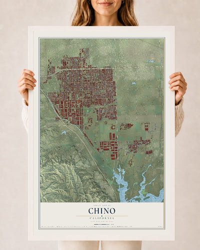 Map of Chino, California, 24 x 36 inch print in a white wood frame