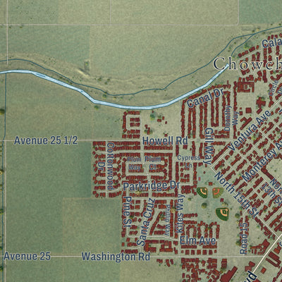 Close-up of the map of Chowchilla, California print showing street and building detail