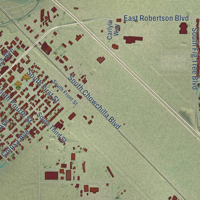 Second close-up of the map of Chowchilla, California print showing more streets and buildings