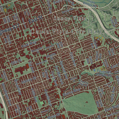 Second close-up of the map of Chula Vista, California print showing more streets and buildings