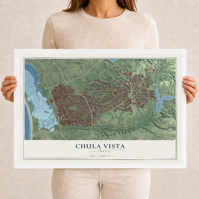 Map of Chula Vista, California, 12 x 18 inch print in a white wood frame