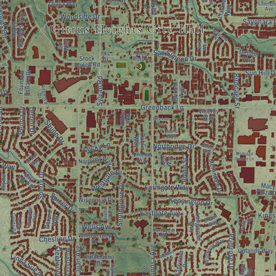 Second close-up of the map of Citrus Heights, California print showing more streets and buildings