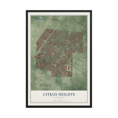 Map of Citrus Heights, California, 12 x 18 inch print in a black wood frame