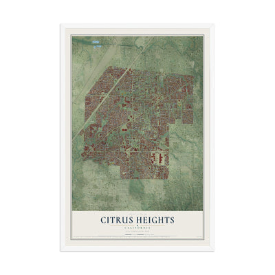 Map of Citrus Heights, California, 12 x 18 inch print in a white wood frame