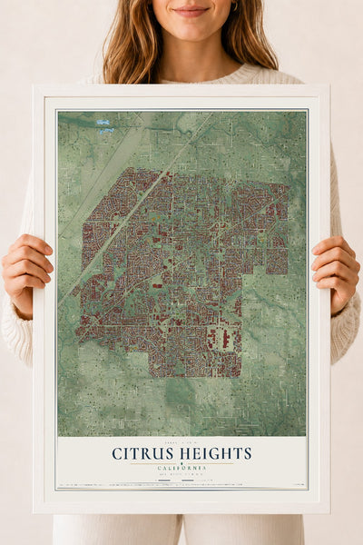 Map of Citrus Heights, California, 18 x 24 inch print in a white wood frame