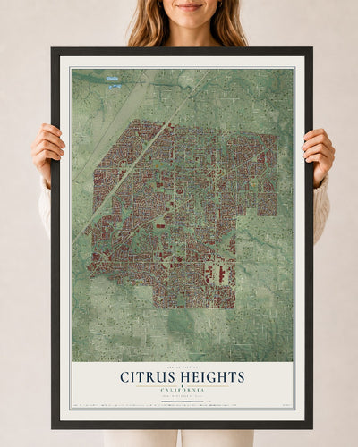 Map of Citrus Heights, California, 24 x 36 inch print in a black wood frame