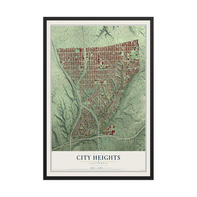 Map of City Heights, California, 12 x 18 inch print in a black wood frame