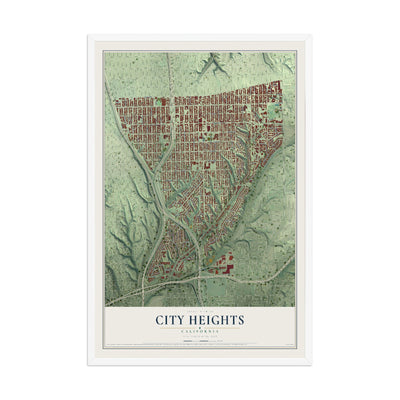 Map of City Heights, California, 12 x 18 inch print in a white wood frame