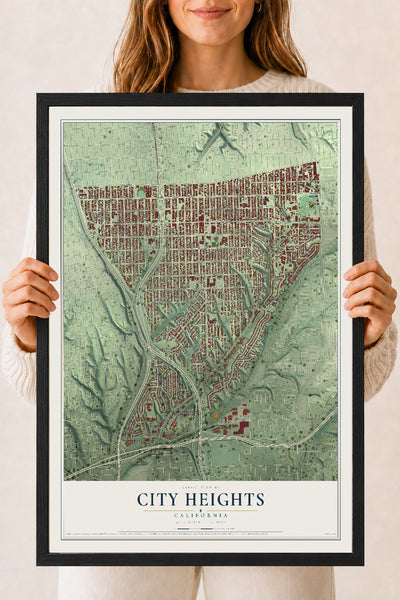Map of City Heights, California, 18 x 24 inch print in a black wood frame