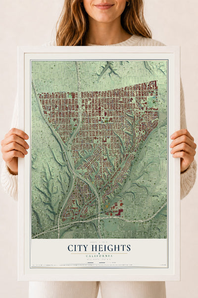 Map of City Heights, California, 18 x 24 inch print in a white wood frame