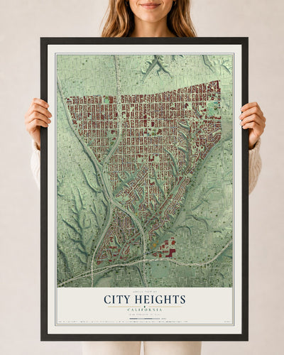 Map of City Heights, California, 24 x 36 inch print in a black wood frame