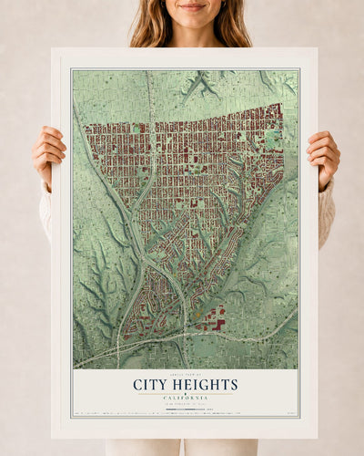 Map of City Heights, California, 24 x 36 inch print in a white wood frame